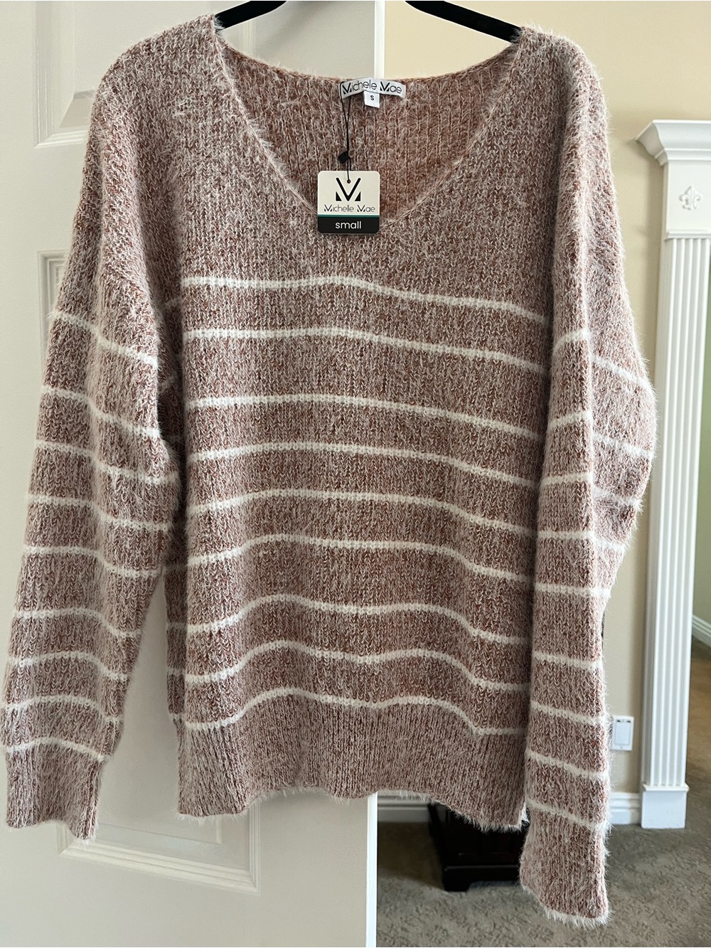 Michelle Mae Brown and White Striped V-Neck Sweater Super Soft